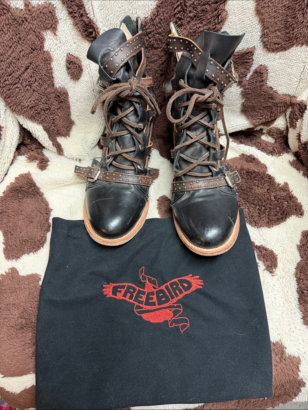 freebird Black and Brown Studded Lace-Up Leather Boots